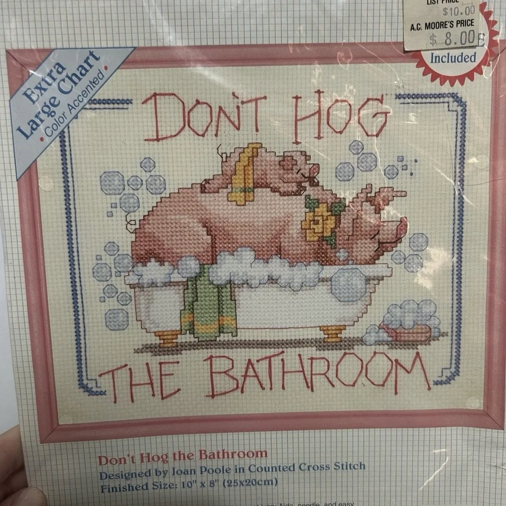 Cross Stitch Dimensions Kit Plus Frame Don't Hog the Bathroom 72101 Vintage NEW